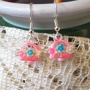 VTG Novelty Hand Crafted Floral Basket Earring Drops with Sterling Silver Hooks.